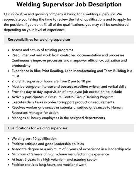 welding supervisor responsibilities